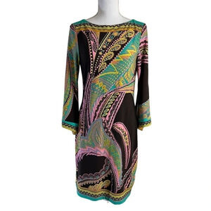 Beige by eci Dress 60s Style All Over Pattern Colorful Flared Sleeves Sheath